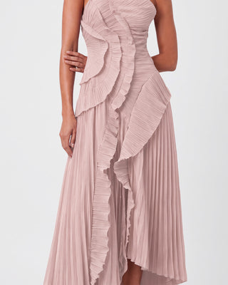 Elowen Dusty Rose Ruffle-Trim Pleated Midi Dress