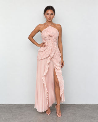 Elowen Dusty Rose Ruffle-Trim Pleated Midi Dress