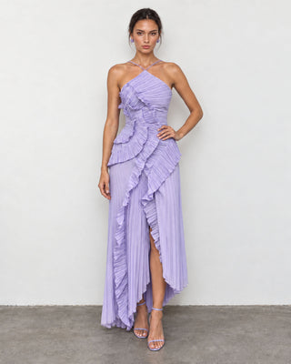 Elowen Lilac Ruffle-Trim Pleated Midi Dress