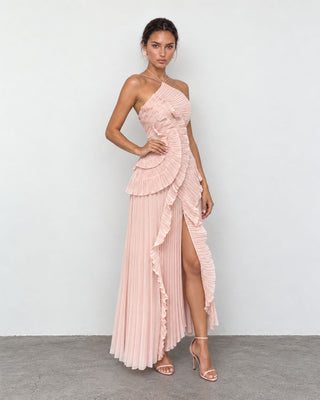 Elowen Dusty Rose Ruffle-Trim Pleated Midi Dress