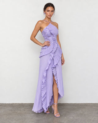 Elowen Lilac Ruffle-Trim Pleated Midi Dress