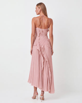 Elowen Dusty Rose Ruffle-Trim Pleated Midi Dress