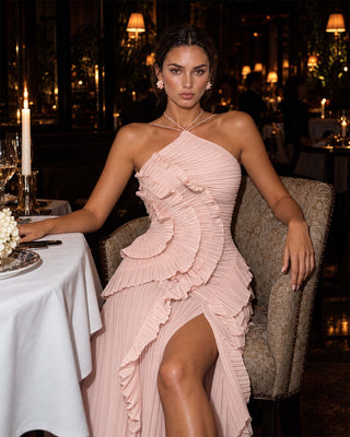Elowen Dusty Rose Ruffle-Trim Pleated Midi Dress