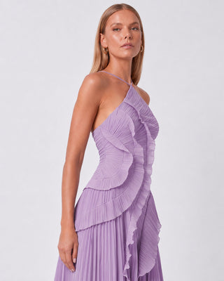 Elowen Lilac Ruffle-Trim Pleated Midi Dress