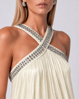 Veyra Cream Crystal-Embellished Bubble-Hem Mini Dress