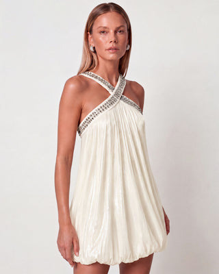 Veyra Cream Crystal-Embellished Bubble-Hem Mini Dress